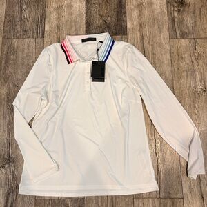 NWT G/Fore Women’s White Long Sleeve Polo with Striped Collar